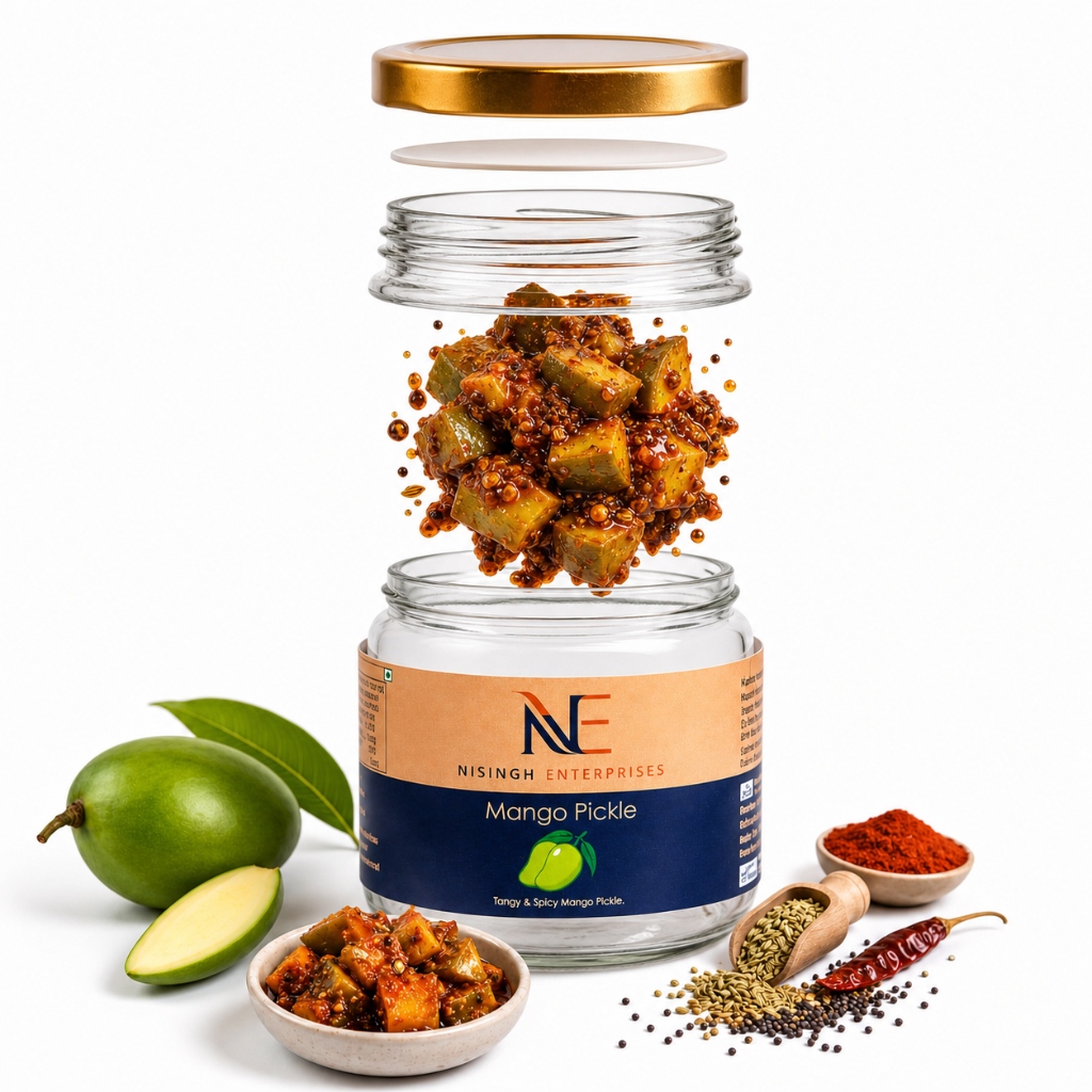 Rich chunks of Nisingh mango pickle with spices